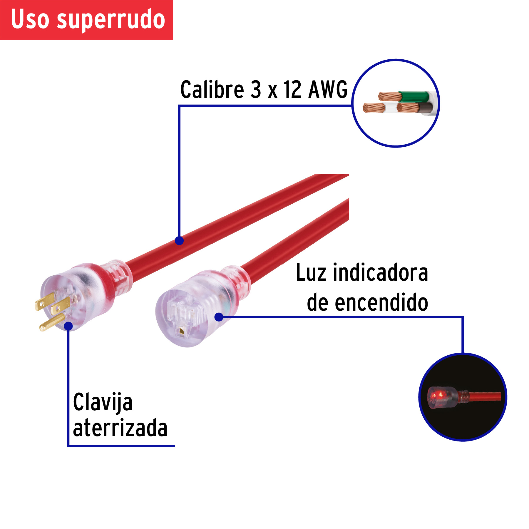 Extensión Reforzada Aterrizada 3x12 Awg, Volteck - 10 M - Image 4