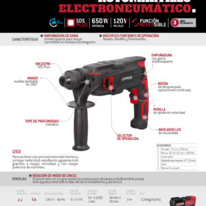 ROTOMARTILLO ELECTRONEUMÁTICO SDS PLUS 600 W, 120 V, 2J, 0-2
