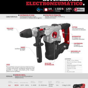 ROTOMARTILLO ELECTRONEUMÁTICO SDS PLUS 1500 W, 120 V, 6J, 0-