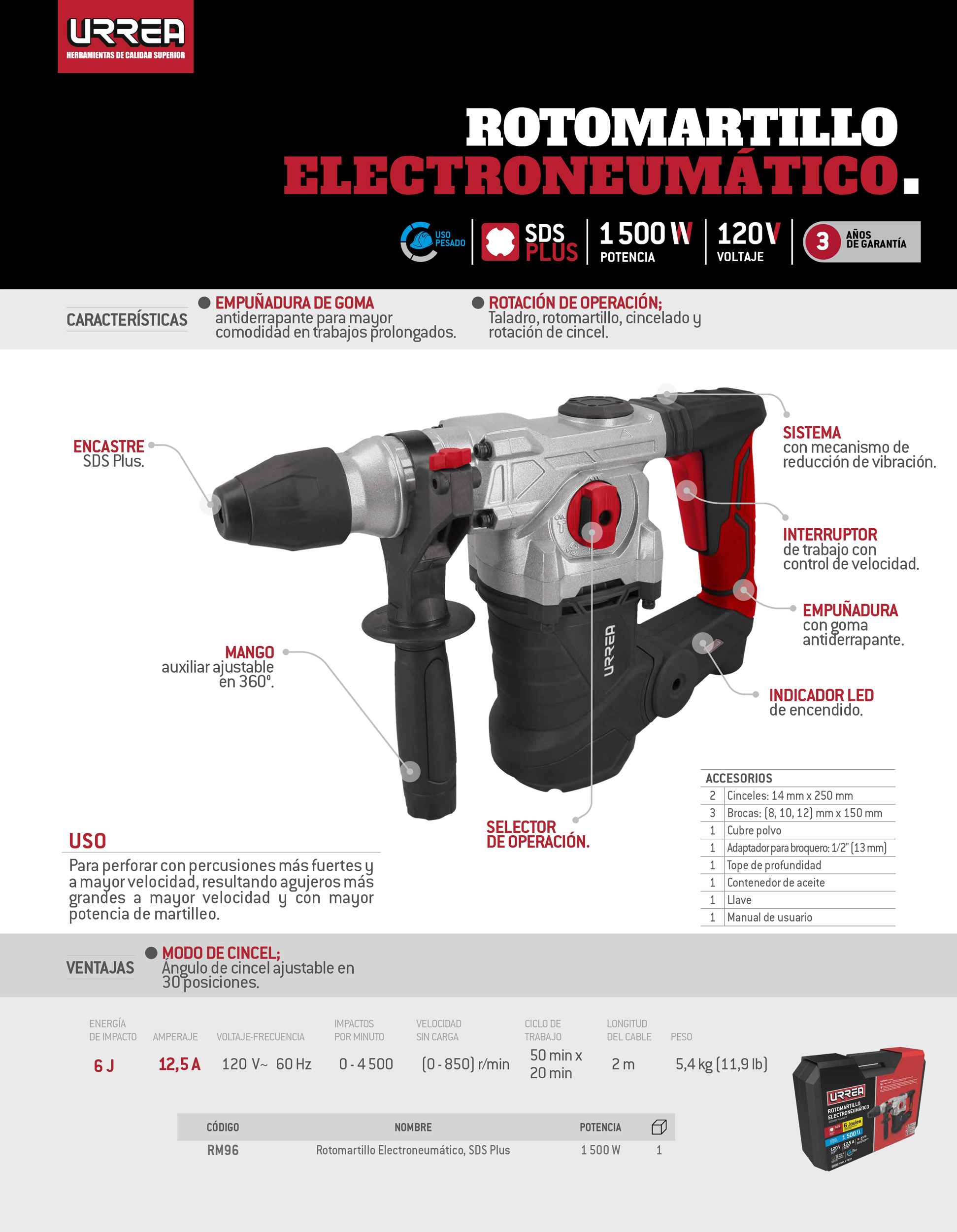 ROTOMARTILLO ELECTRONEUMÁTICO SDS PLUS 1500 W, 120 V, 6J, 0-