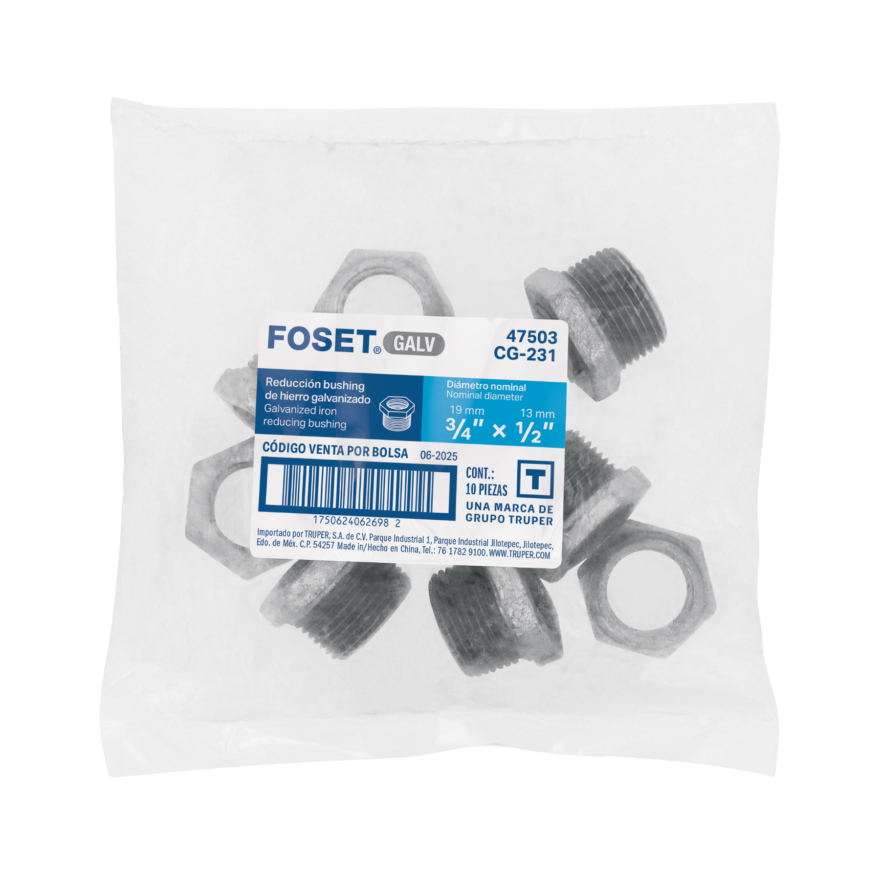 Reduccin Bushing Acero Galvanizado 3/4 X 1/2", Foset - Image 2