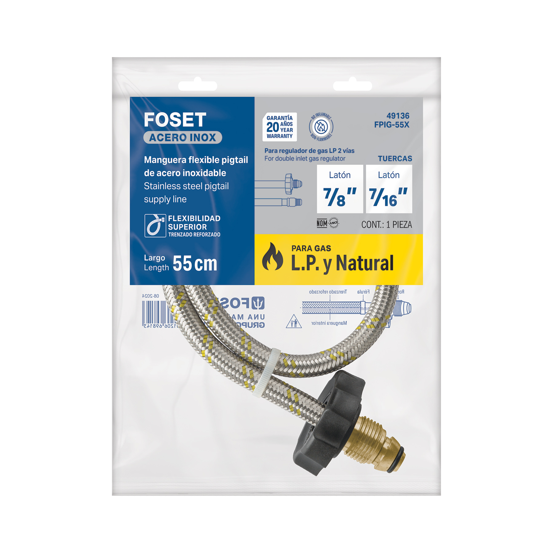 Manguera Pigtail, Acero Inox, 7/16" X 7/8", 55 Cm, Foset - Image 2