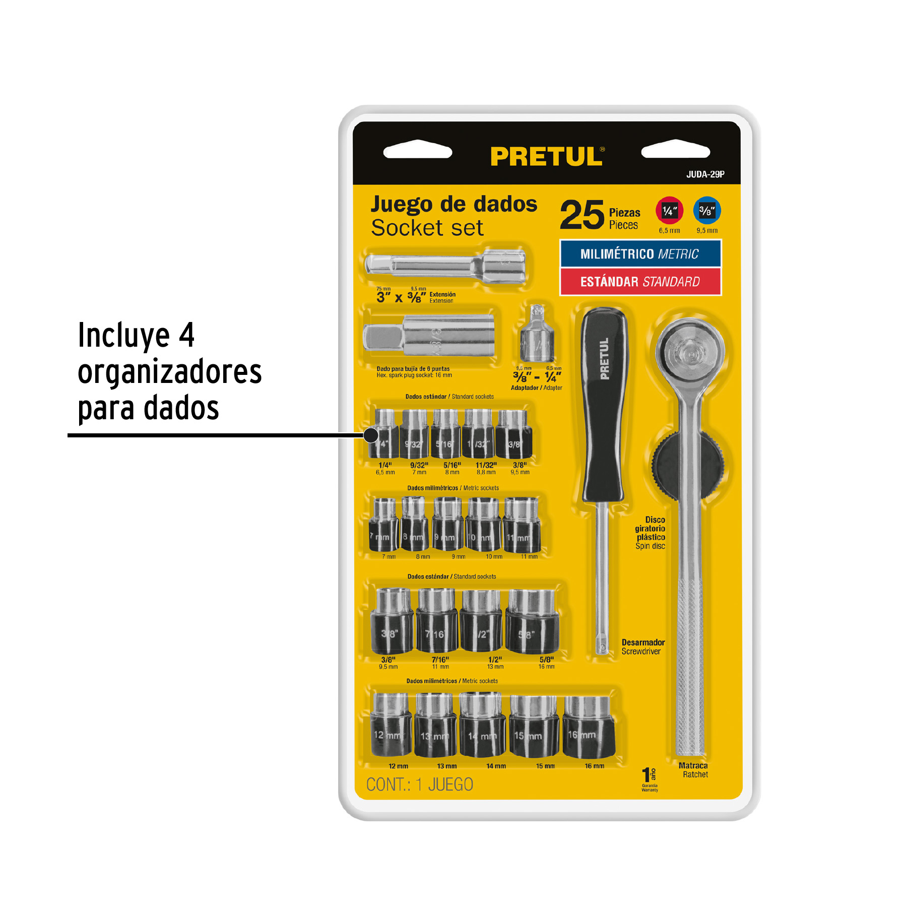 Juego de 25 Herramientas 1/4" y 3/8" para Mecnico, Pretul - Image 7