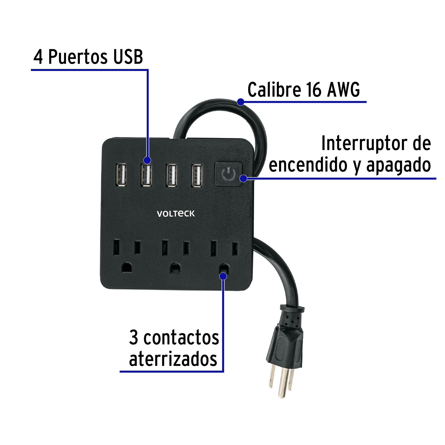 Multicontacto 16 Awg Domstico, 3 Entradas 4 Ptos Usb, Negro - Image 6