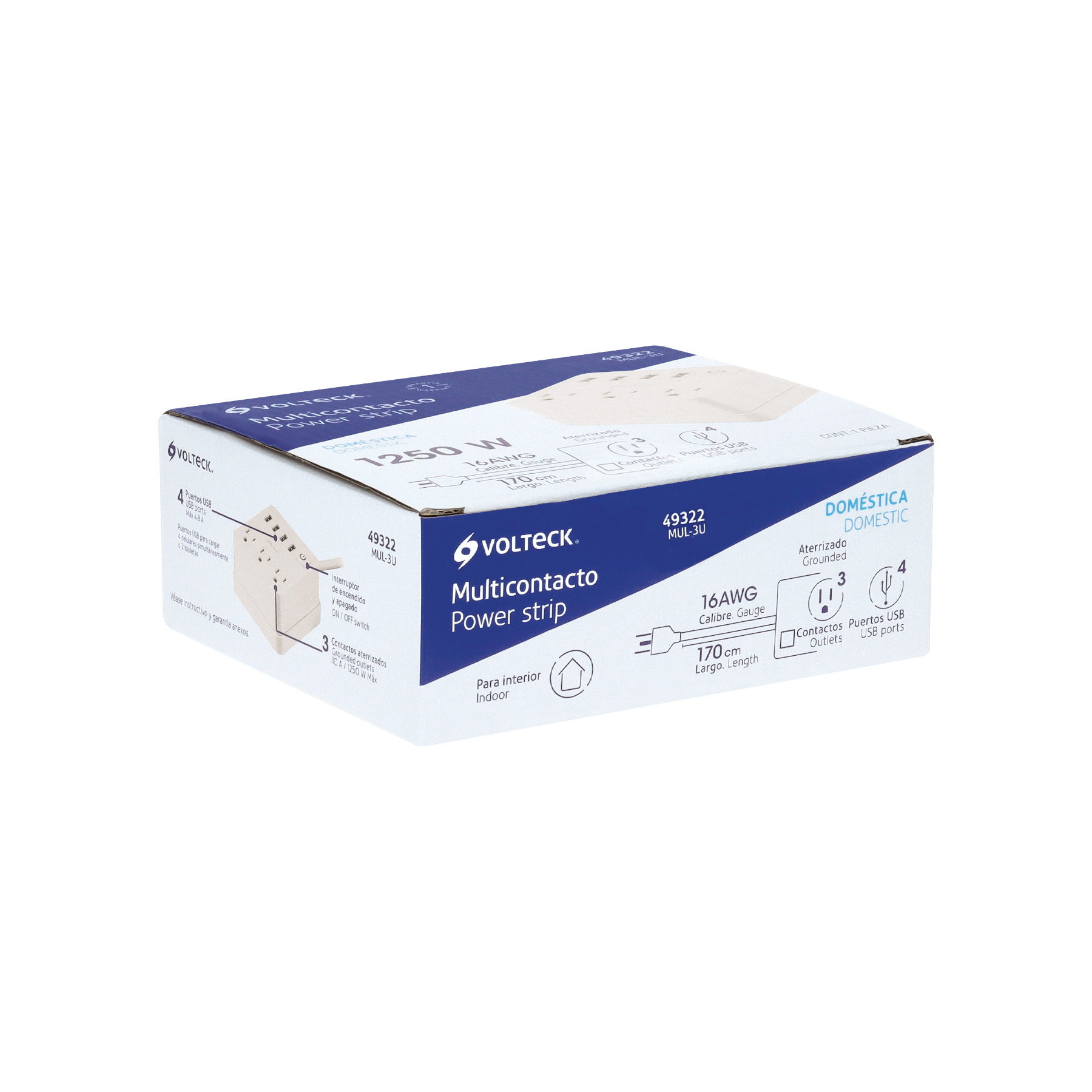 Multicontacto 16 Awg Domstico 3 Entradas 4 Ptos Usb, Blanco - Image 5