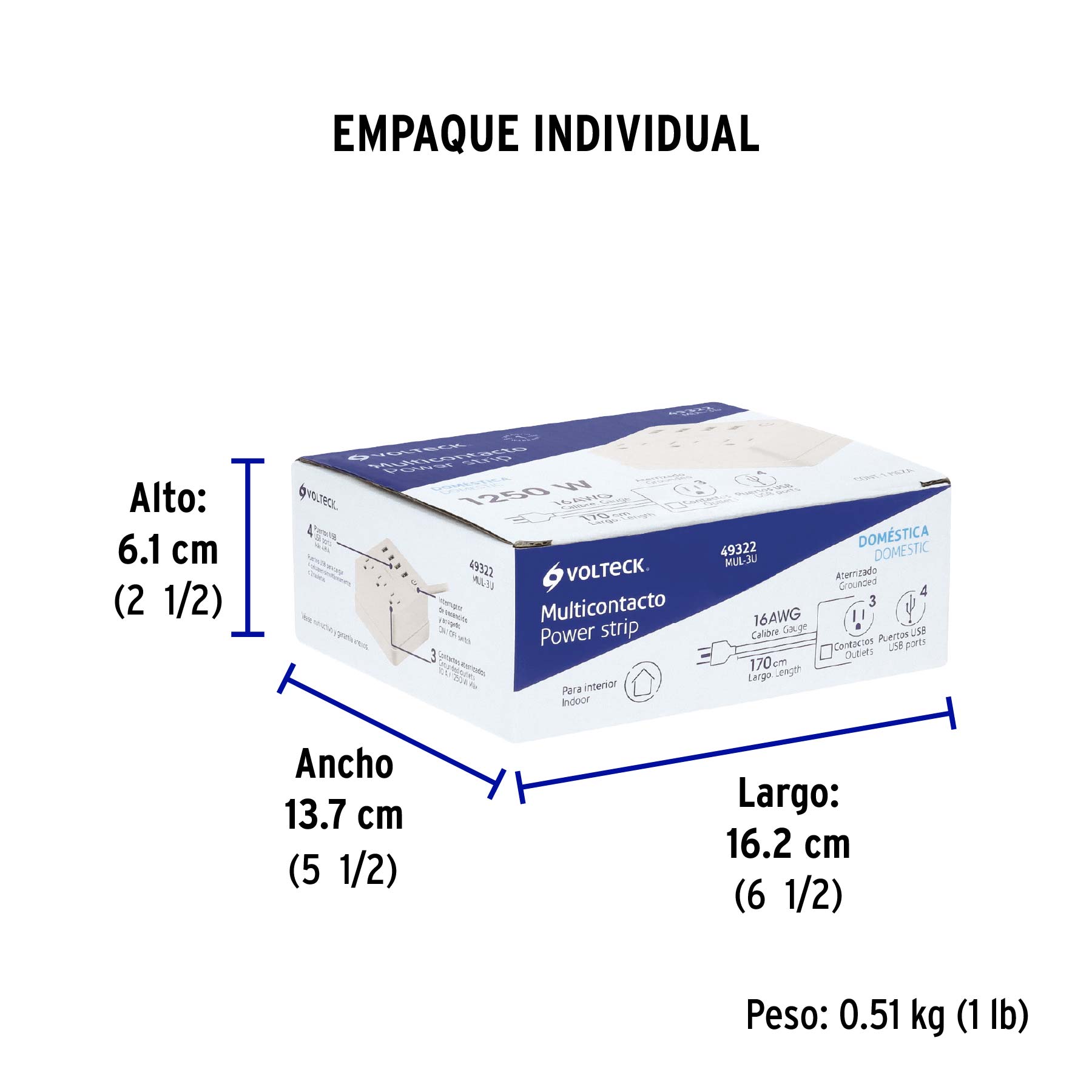 Multicontacto 16 Awg Domstico 3 Entradas 4 Ptos Usb, Blanco - Image 3