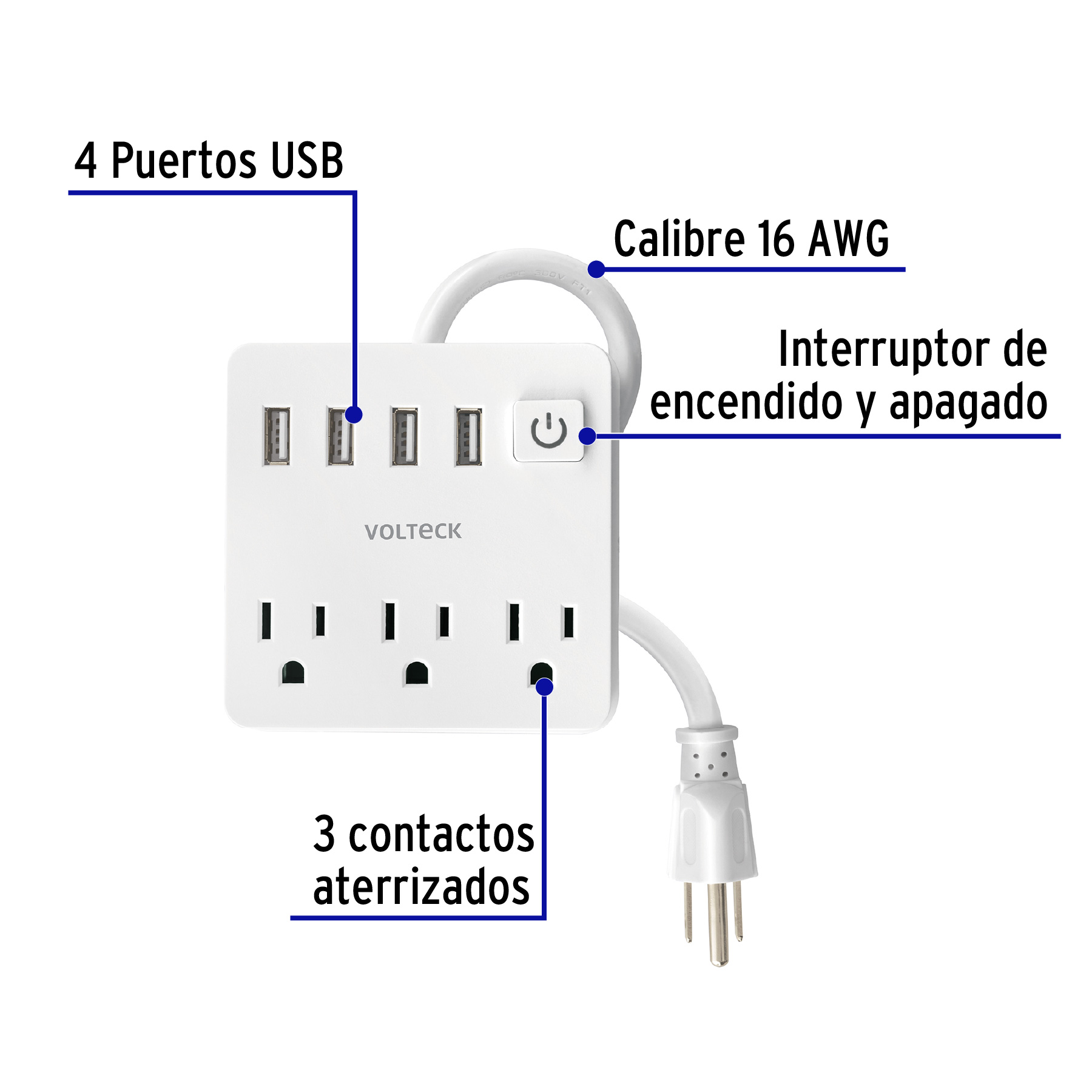 Multicontacto 16 Awg Domstico 3 Entradas 4 Ptos Usb, Blanco - Image 6