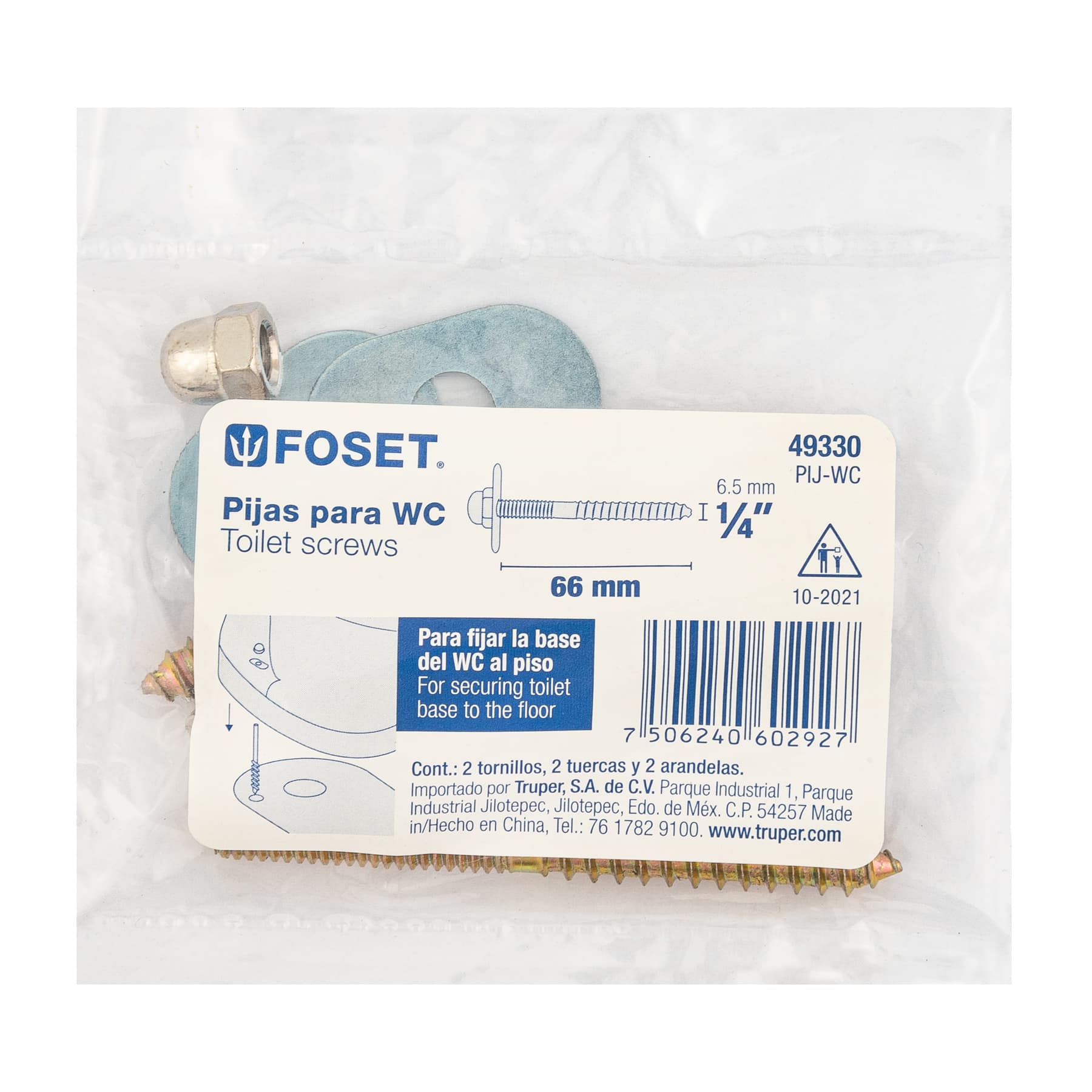 Bolsa con 2 Pijas 1/4" X 66 Mm para Base de Wc A Piso, Foset - Image 3