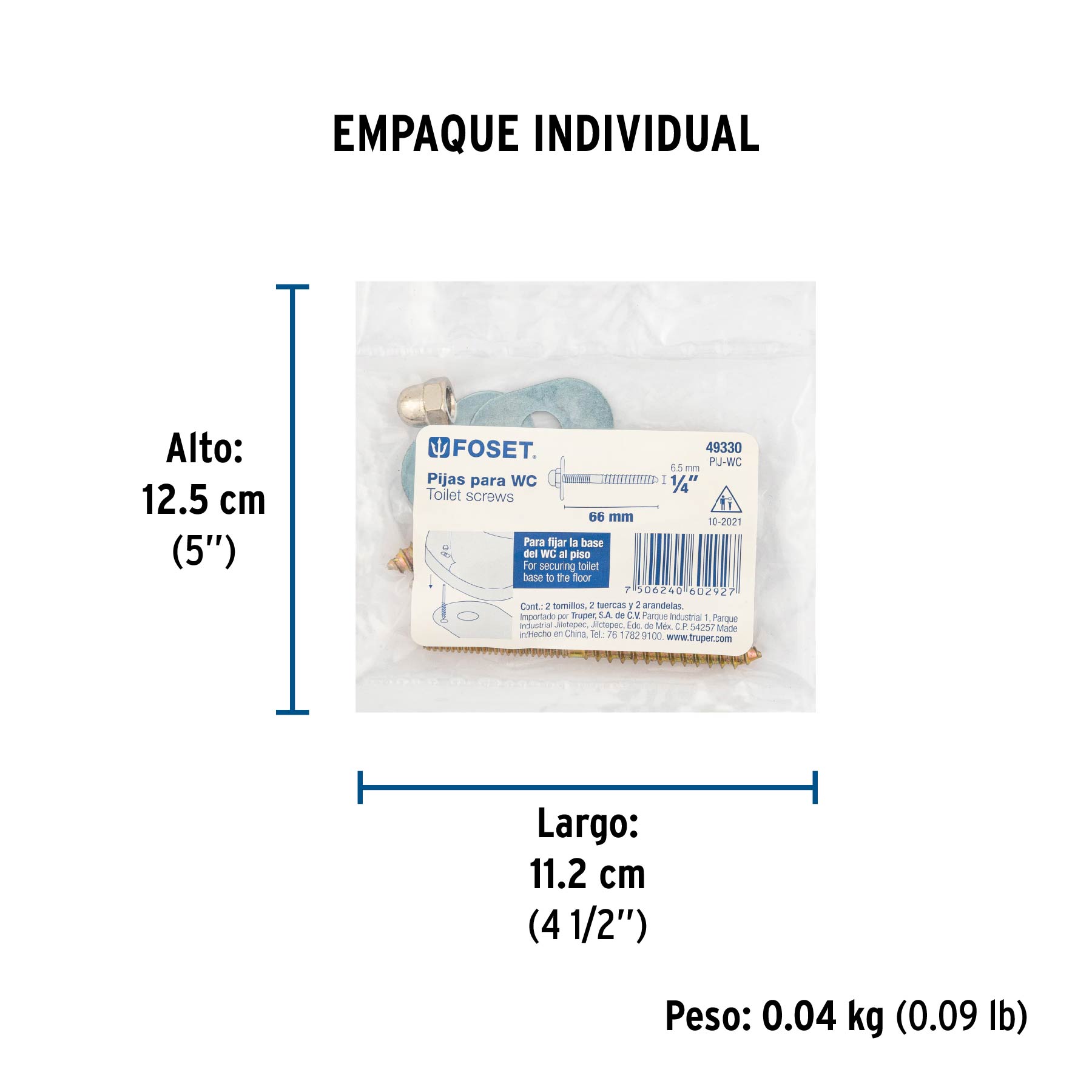 Bolsa con 2 Pijas 1/4" X 66 Mm para Base de Wc A Piso, Foset - Image 2