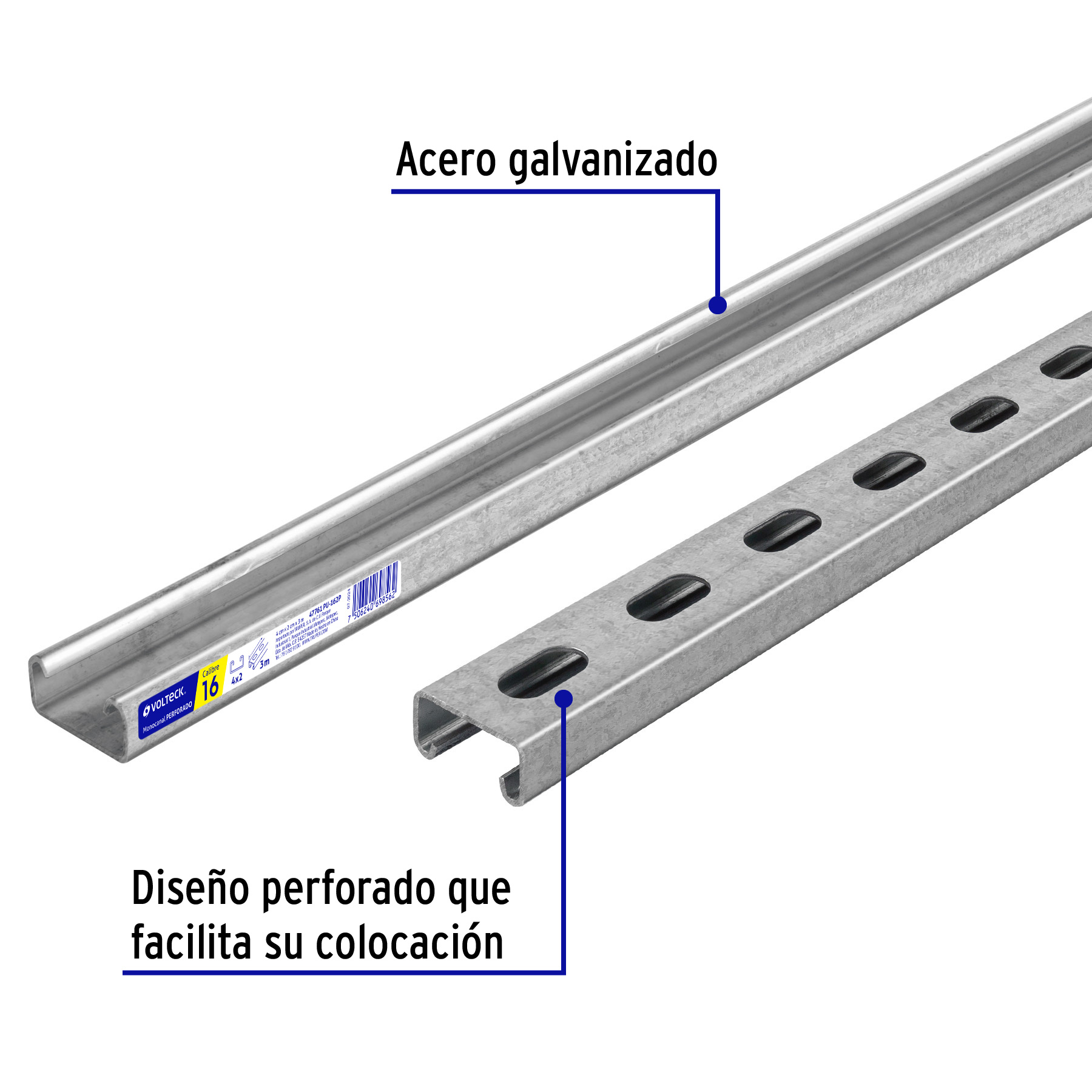 Perfil Monocanal Perforado de 3 M, 4 X 2 Cm Cal. 16, Volteck - Image 2