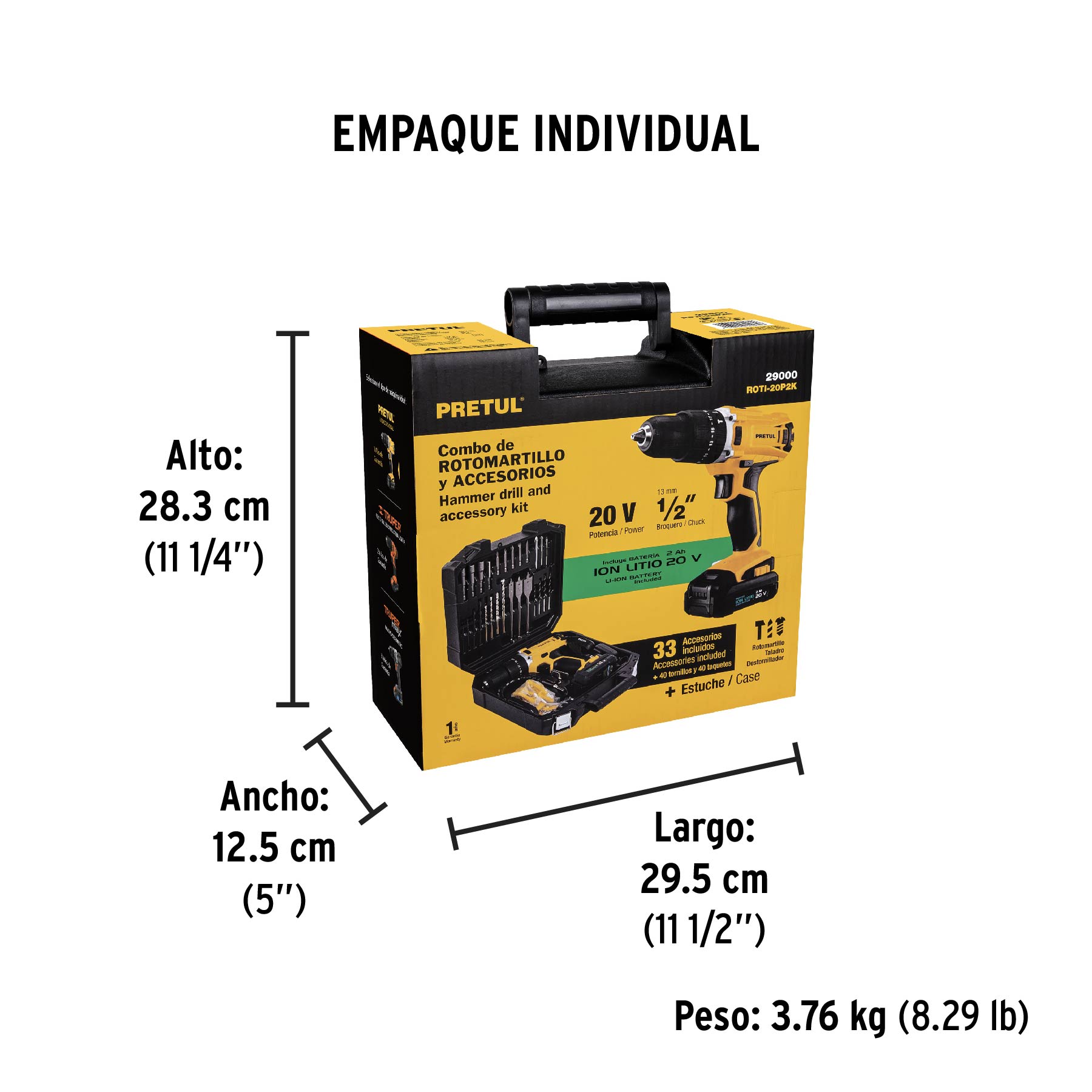 Kit Rotomartillo/destornillador 1/2", 20v, 32 Acc., Pretul - Image 3