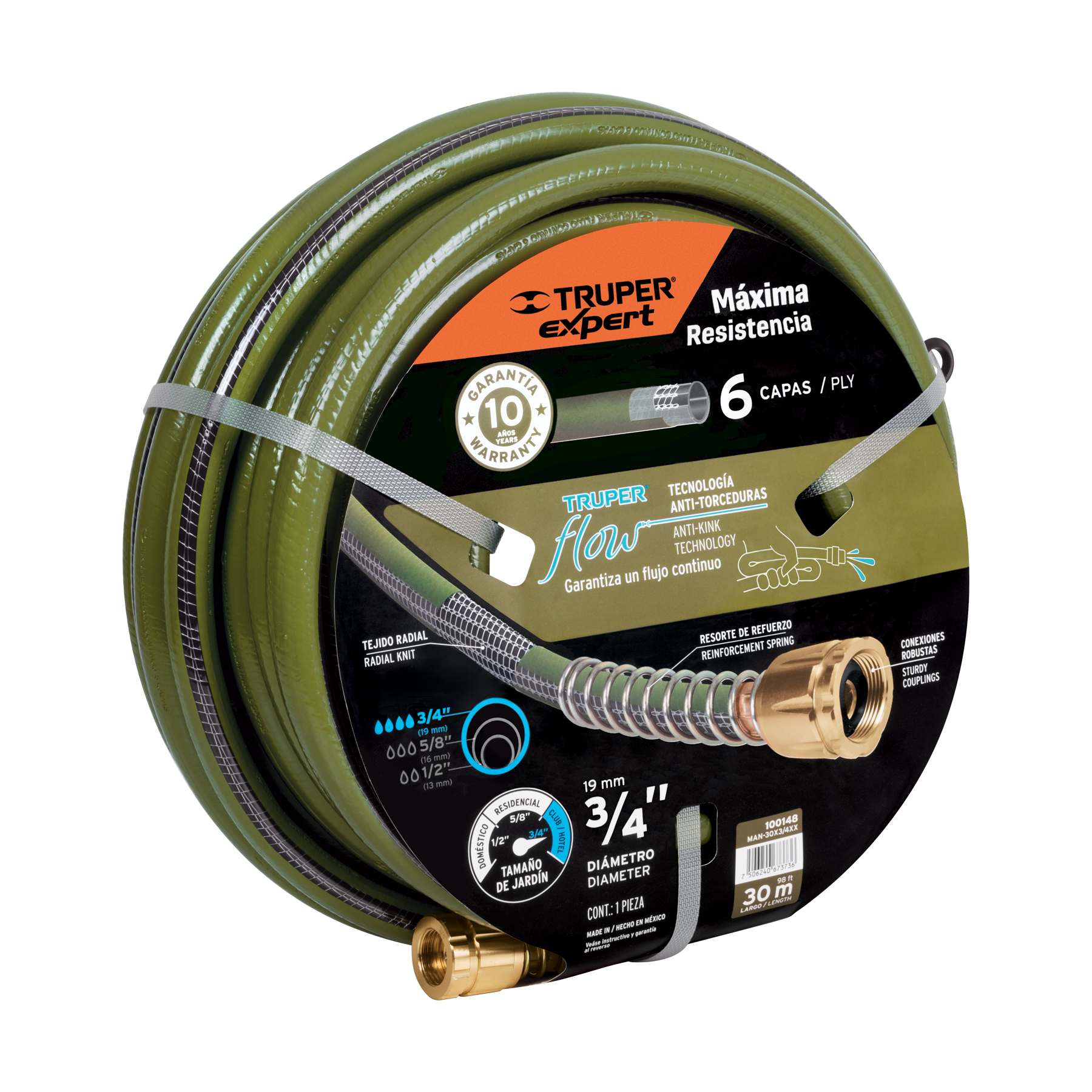Manguera 3/4" Anti-torceduras 6 Capas 30M Conexiones D/metal