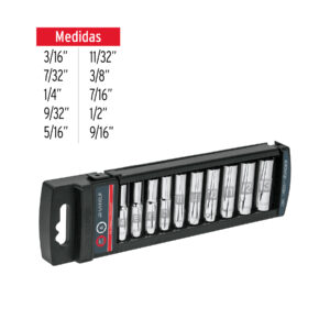 Juego de 10 Dados Largos Cuadro 1/4" Mm, Truper