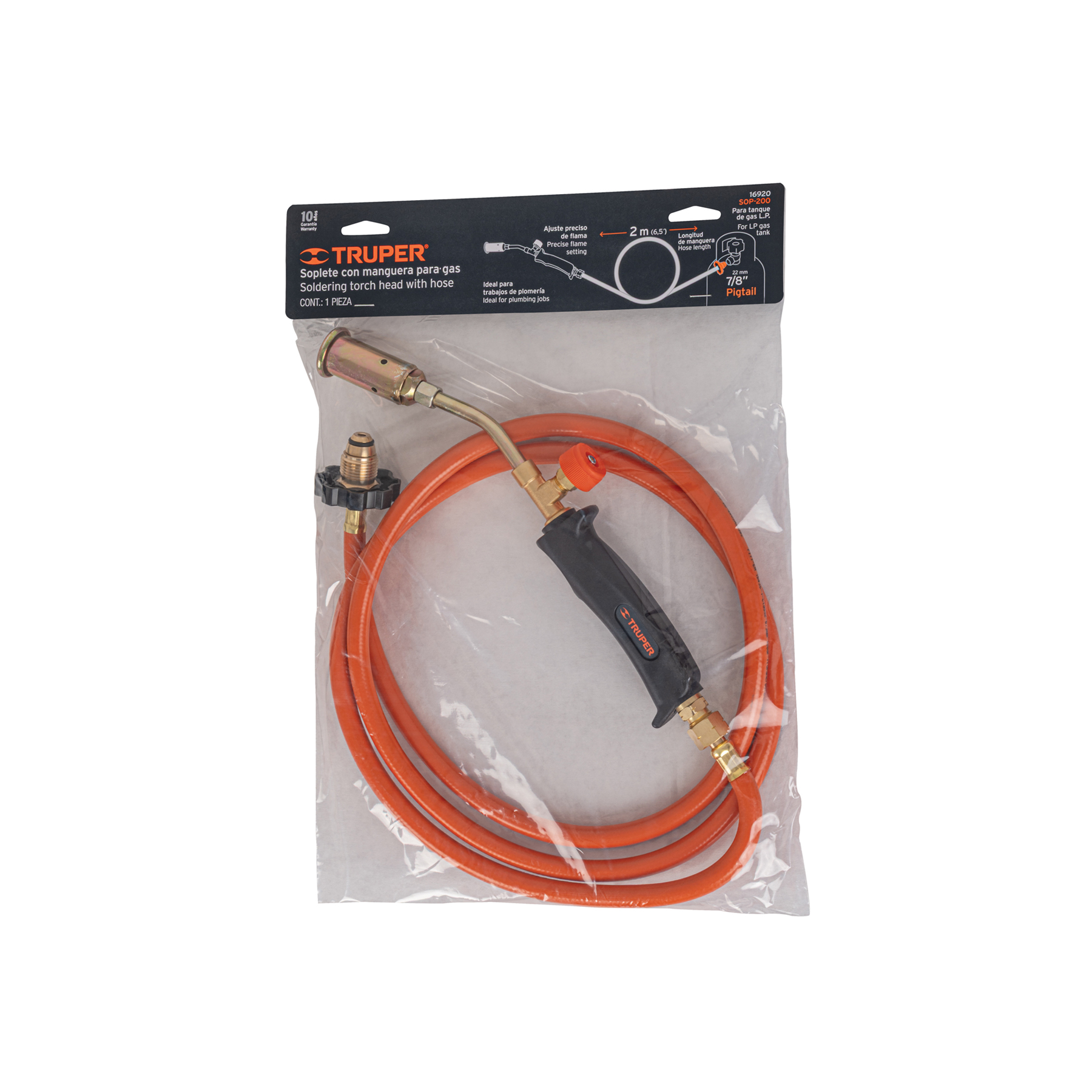 Soplete de Laton con Manguera de 2 M, Punta Pol 7/8", Truper