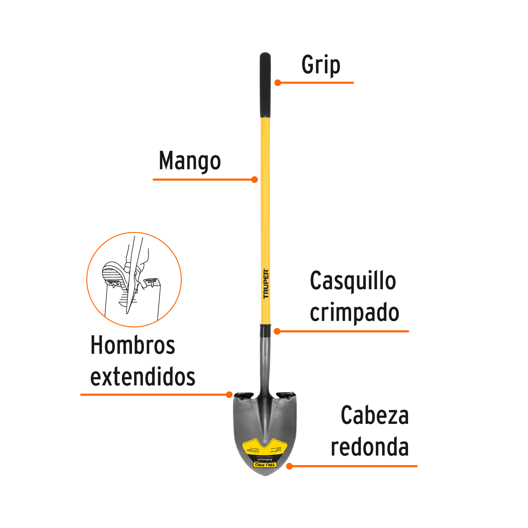 Pala Redonda Tru Pro, Mango Largo de Fibra de Vidrio 48
