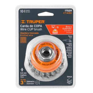 Carda Copa 3" Alambre Trenzado Grueso, Eje 5/8"-11, Truper
