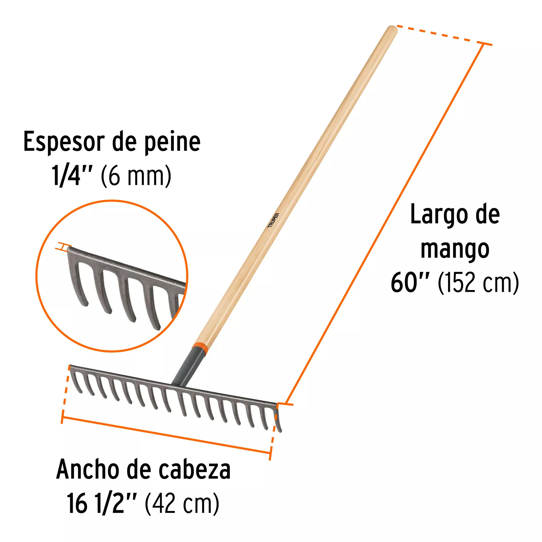 Rastrillo Recto de 16 Dientes, Mango de 60", Truper