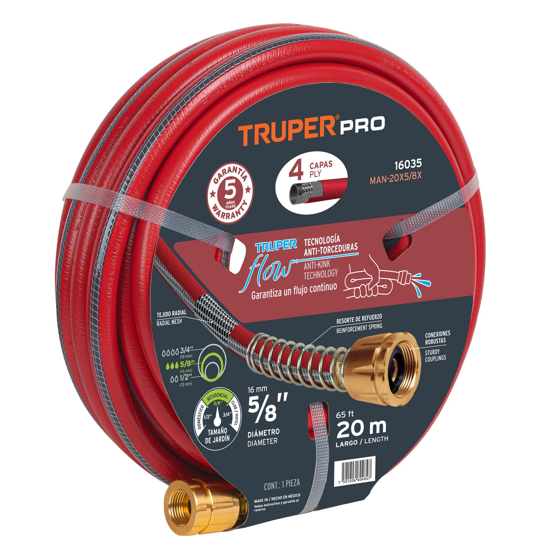 Manguera 1/2" Super Reforzada 4 Capas 20 M Conexiones Metal