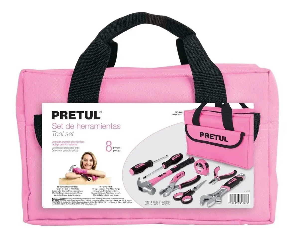 Juego de Herramientas Basicas, Color Rosa, 8 Piezas, Pretul