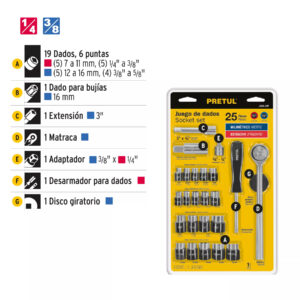 Juego de 25 Herramientas 1/4" y 3/8" para Mecnico, Pretul