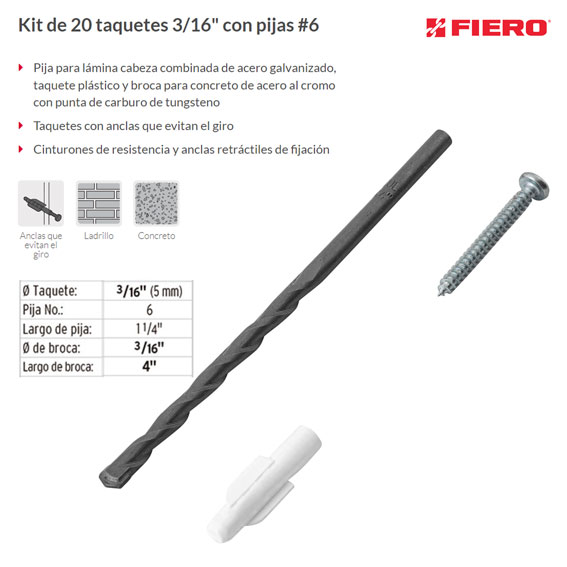 Kit de 20 Taquetes 5/16"con Pijas #10 y 1 Broca 5/16", Fiero