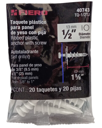 Kit 20 Taquetes Plásticos 1/2", para Panel de Yeso con Pijas #8