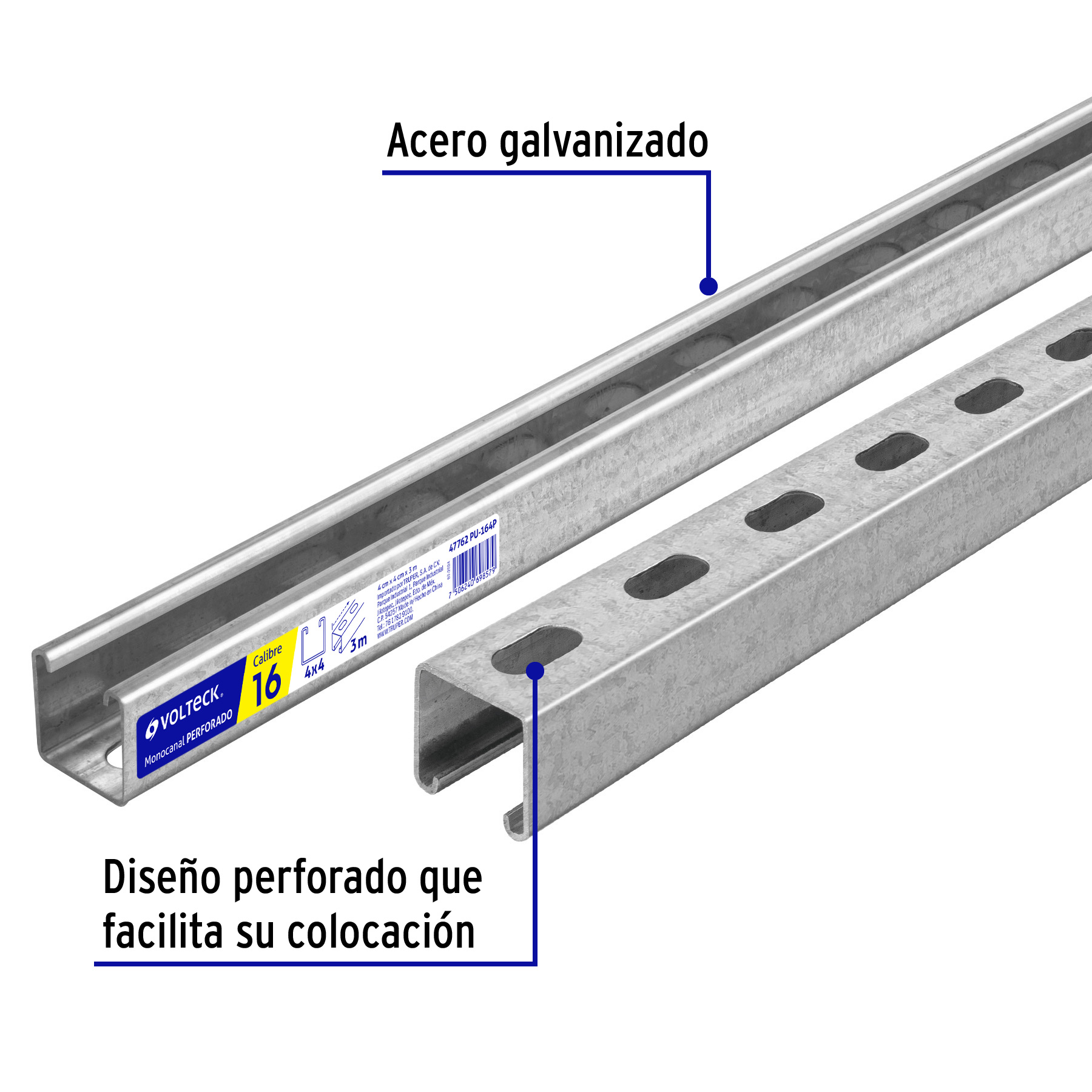 Perfil Monocanal Perforado de 3 M, 4 X 2 Cm Cal. 16, Volteck