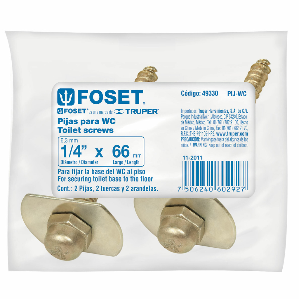 Bolsa con 2 Pijas 1/4" X 66 Mm para Base de Wc A Piso, Foset