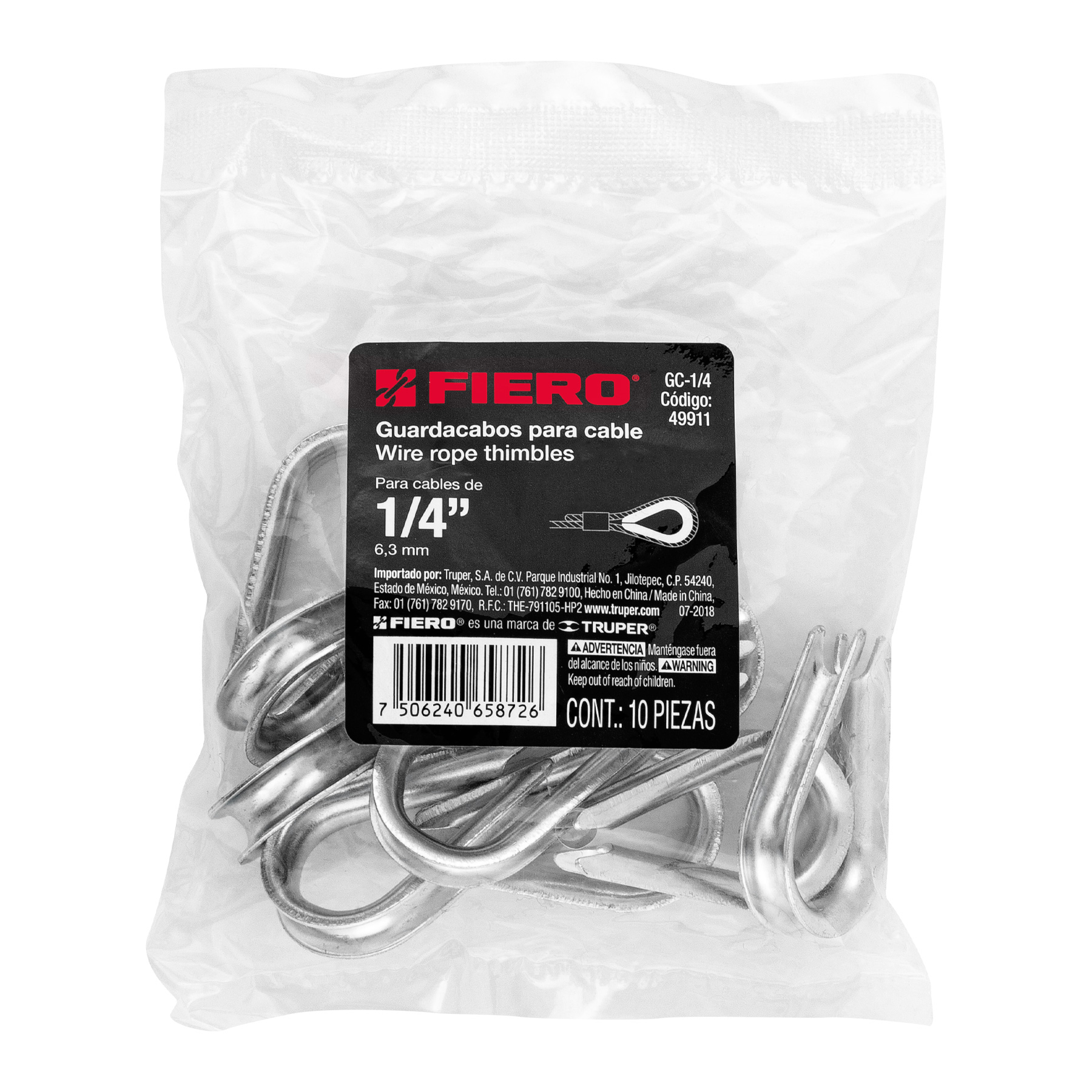 Bolsa con 10 Guardacabos para Cable de Acero de 1/4", Fiero