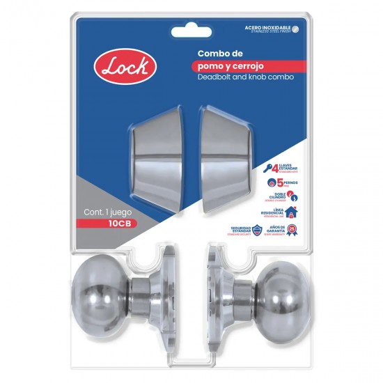 Chapa Combo Pomo y Cerrojo Acero Inoxidable Loock 10CB