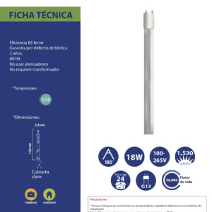 Tubo LED T8 36W 65K 100-265v Claro 2.40m Acrilico