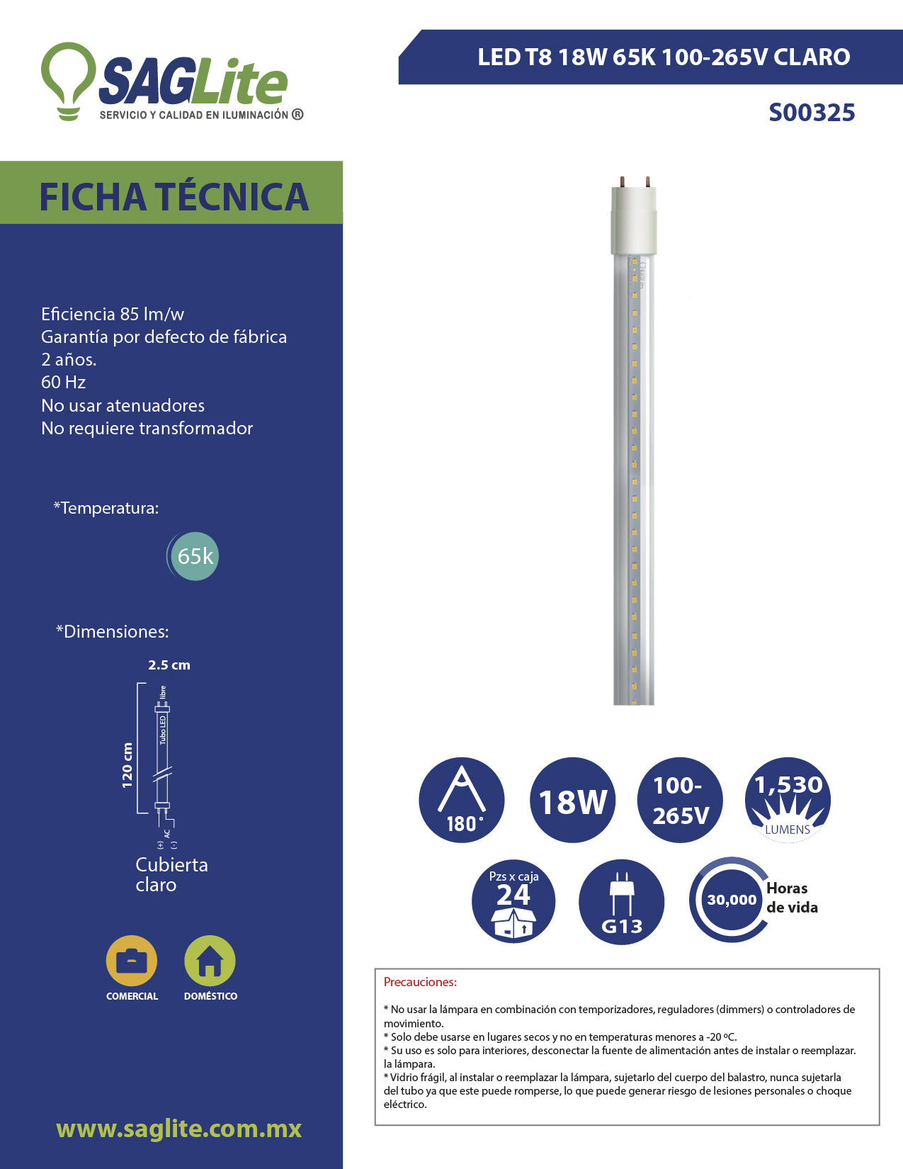 Tubo LED T8 36W 65K 100-265v Claro 2.40m Acrilico