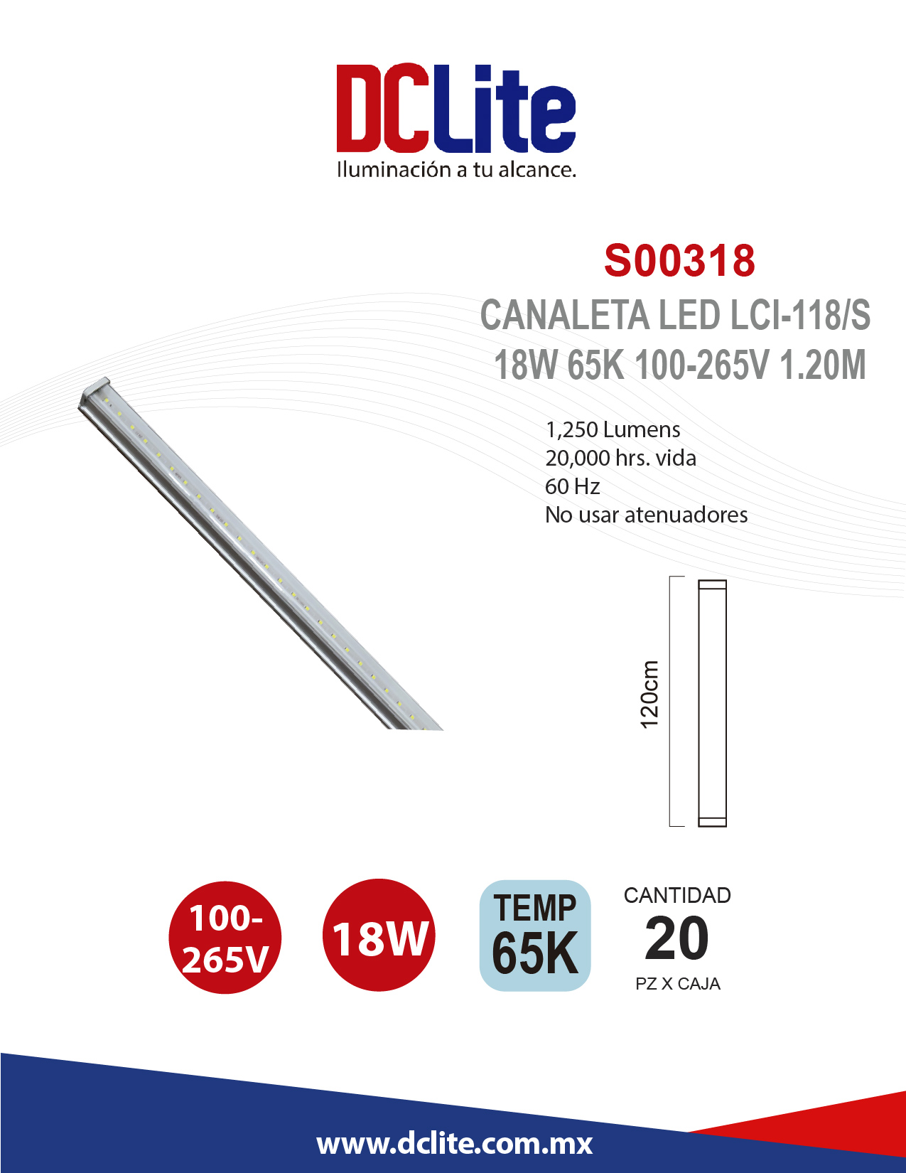 Canaleta LED Lci118/s 18W 65K 130V 1.20m